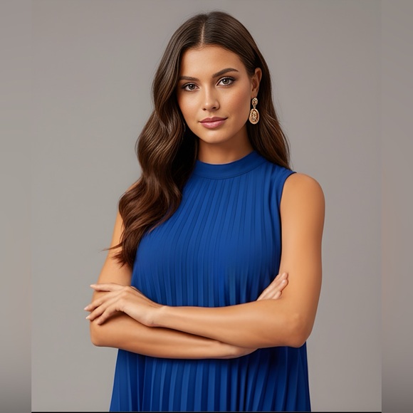 High Low Hem Pleated Swing Dress Blue - Picture 2 of 8